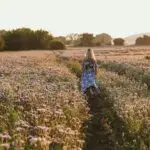 A woman in a blue dress walks through a blooming field during the day.